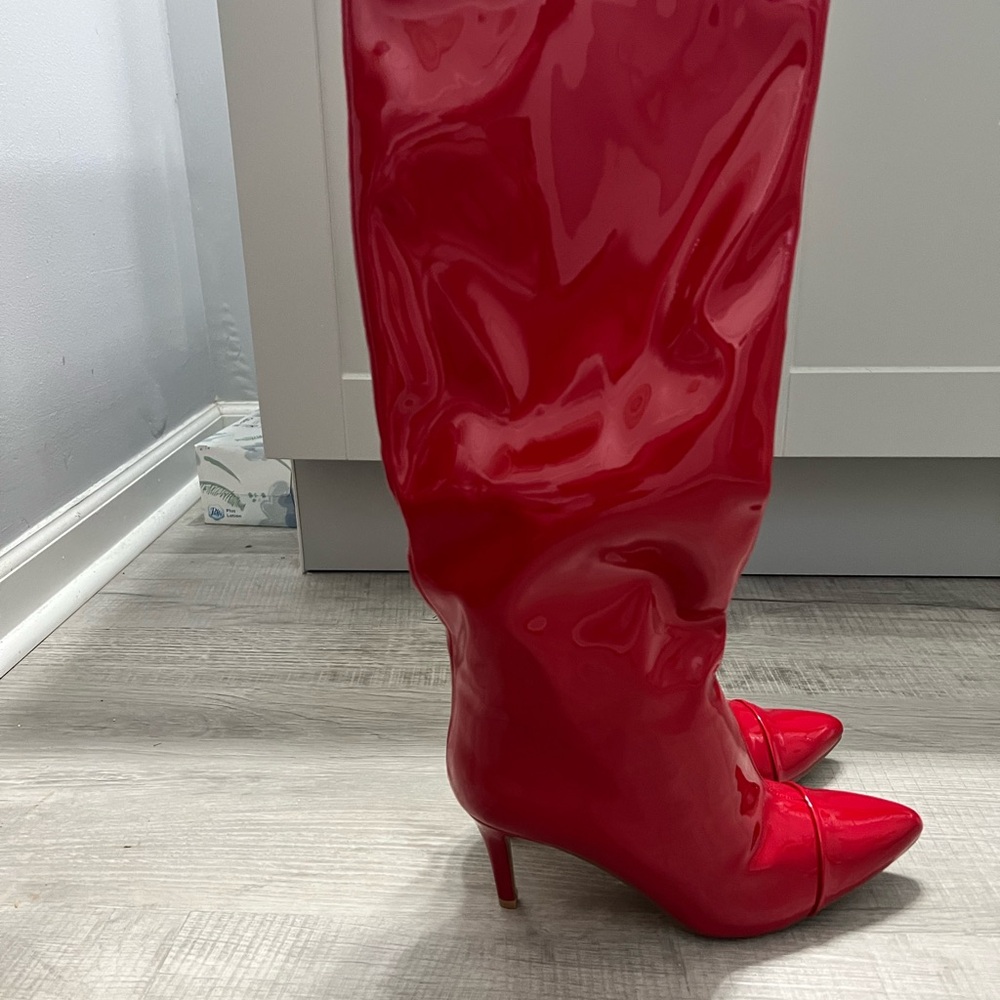 Glossy Red Heeled Boots for Women
